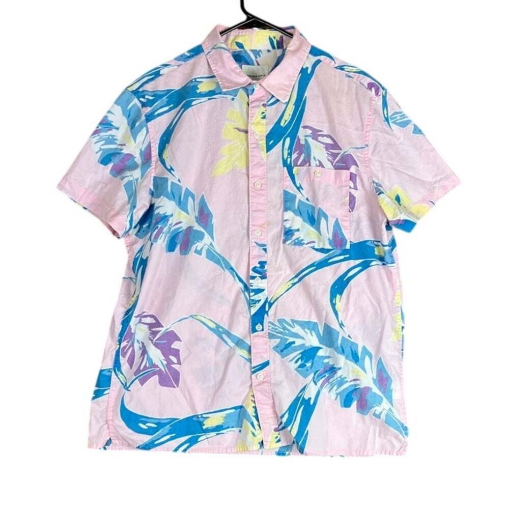 American Eagle Mens Shirt Pink Blue Tropical Hawaiian Button Down 100% Cotton L